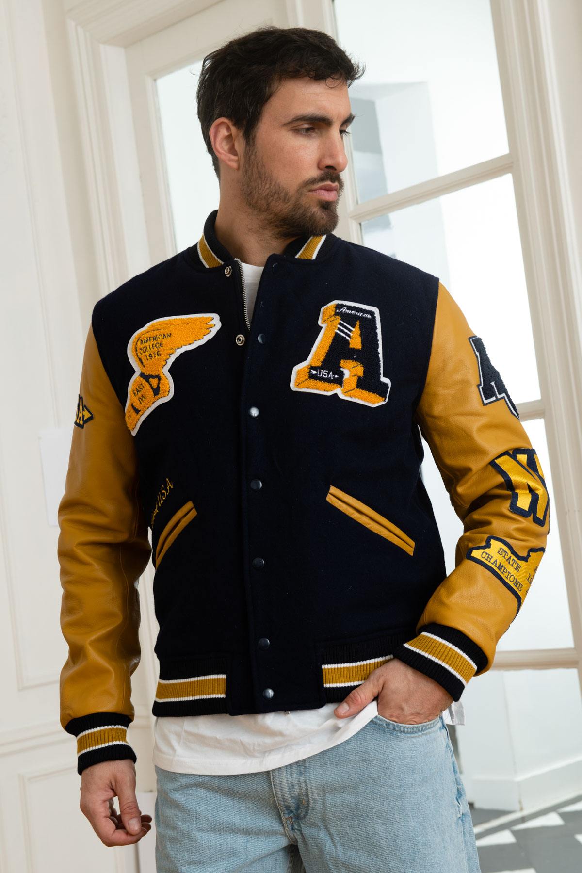 Navy blue and yellow US varsity teddy - Image n°3