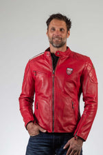 Vibrant red sheepskin jacket with biker collar and regular fit. - Image n°1