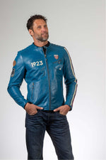 Ocean blue sheep leather jacket with 24h Le Mans patches and biker edge. - Image n°2