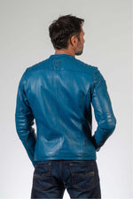 Ocean blue sheep leather jacket with 24h Le Mans patches and biker edge. - Image n°3