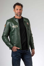 Deep green sheep leather jacket with moto collar and regular fit. - Image n°6