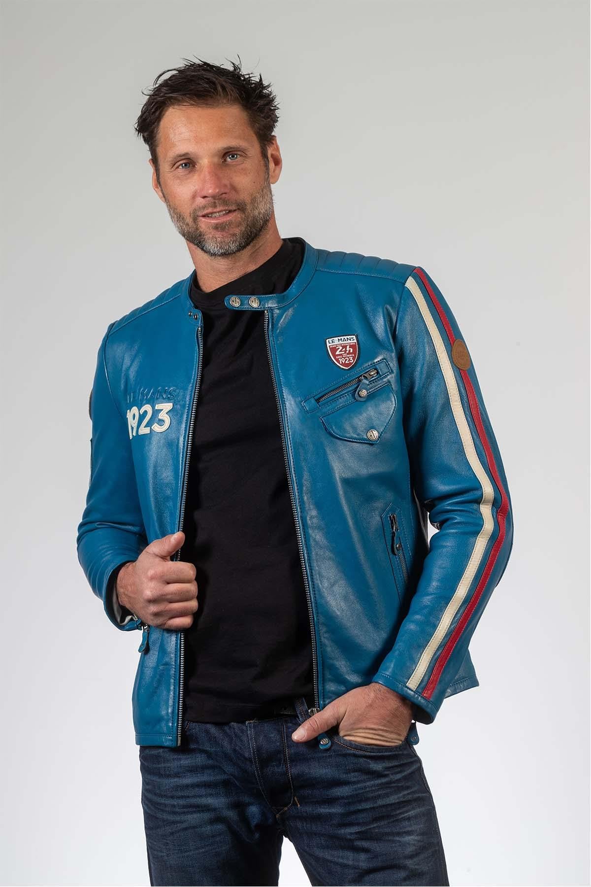 Ocean blue sheep leather jacket with 24h Le Mans patches and biker edge. - Image n°1