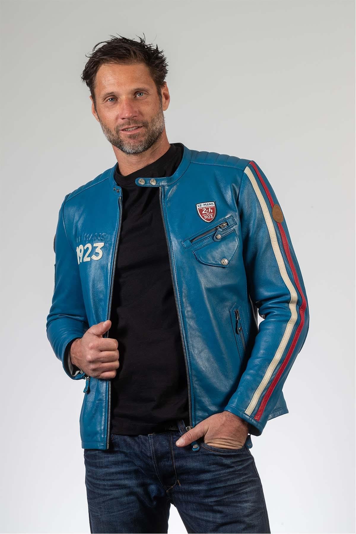 Ocean blue sheep leather jacket with 24h Le Mans patches and biker edge. - Image n°1