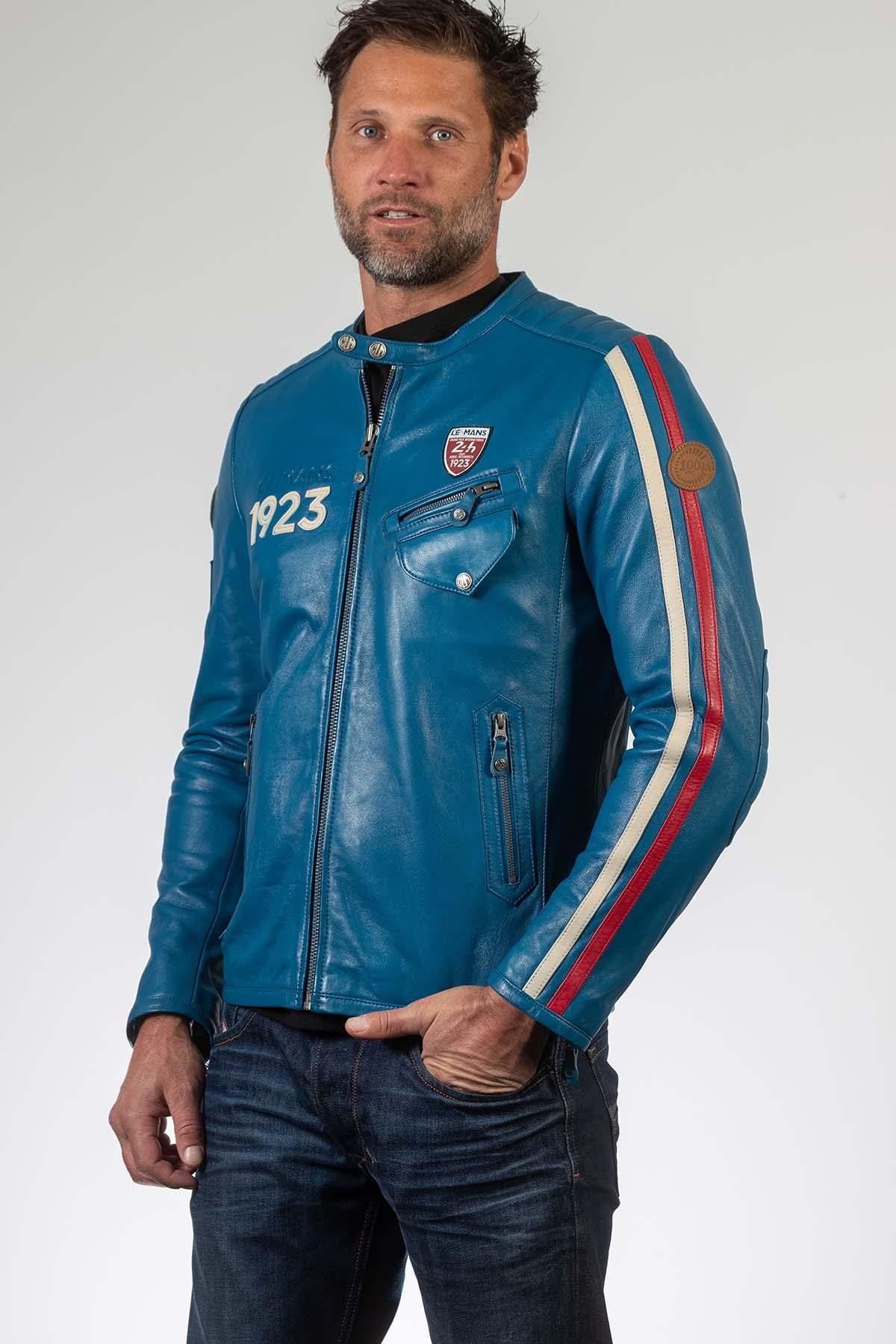 Ocean blue sheep leather jacket with 24h Le Mans patches and biker edge. - Image n°4