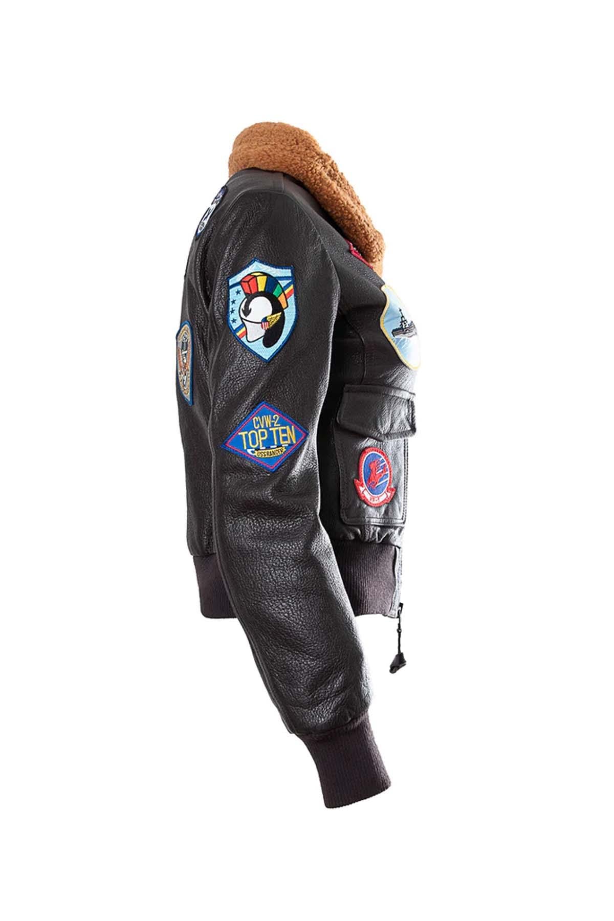 Slim maroon goatskin bomber with 17 patches and a detachable collar. - Image n°16