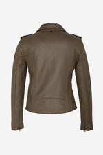 Schott's khaki lambskin Perfecto-slim, matte, and timeless for her. - Image n°7