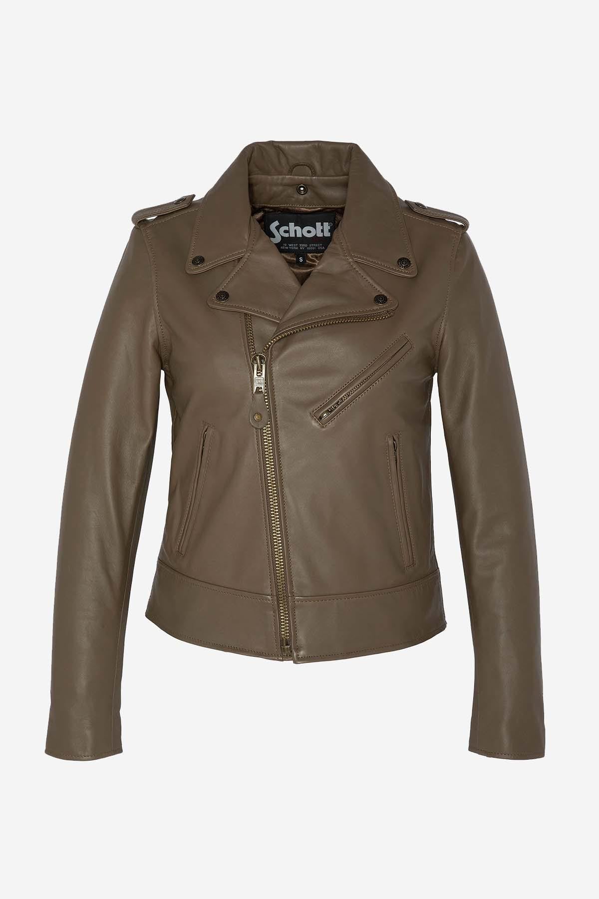 Schott's khaki lambskin Perfecto-slim, matte, and timeless for her. - Image n°5