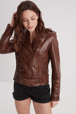 Aged bison lambskin biker jacket, vintage-styled with shoulder rivets - Image n°1