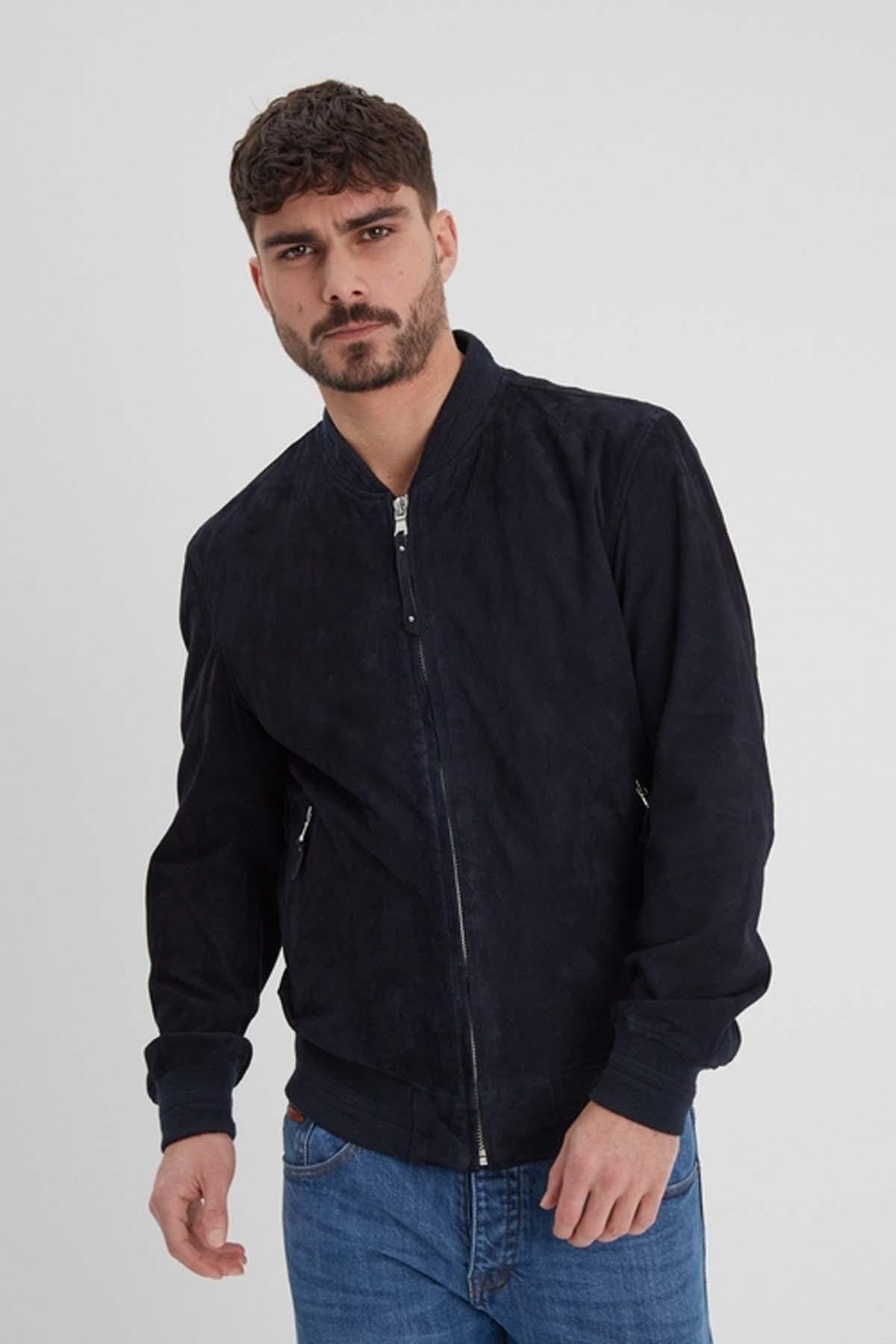 Navy goat suede bomber, sporty yet timeless for all-season wear. - Image n°1