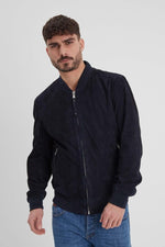 Navy goat suede bomber, sporty yet timeless for all-season wear. - Image n°1