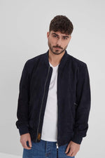 Navy goat suede bomber, sporty yet timeless for all-season wear. - Image n°4