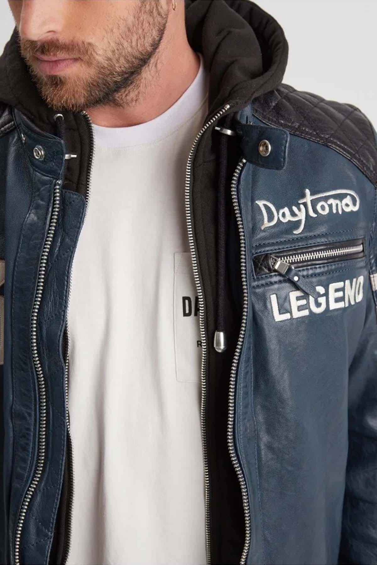 Deep blue lambskin jacket with detachable hood and moto collar. - Image n°3