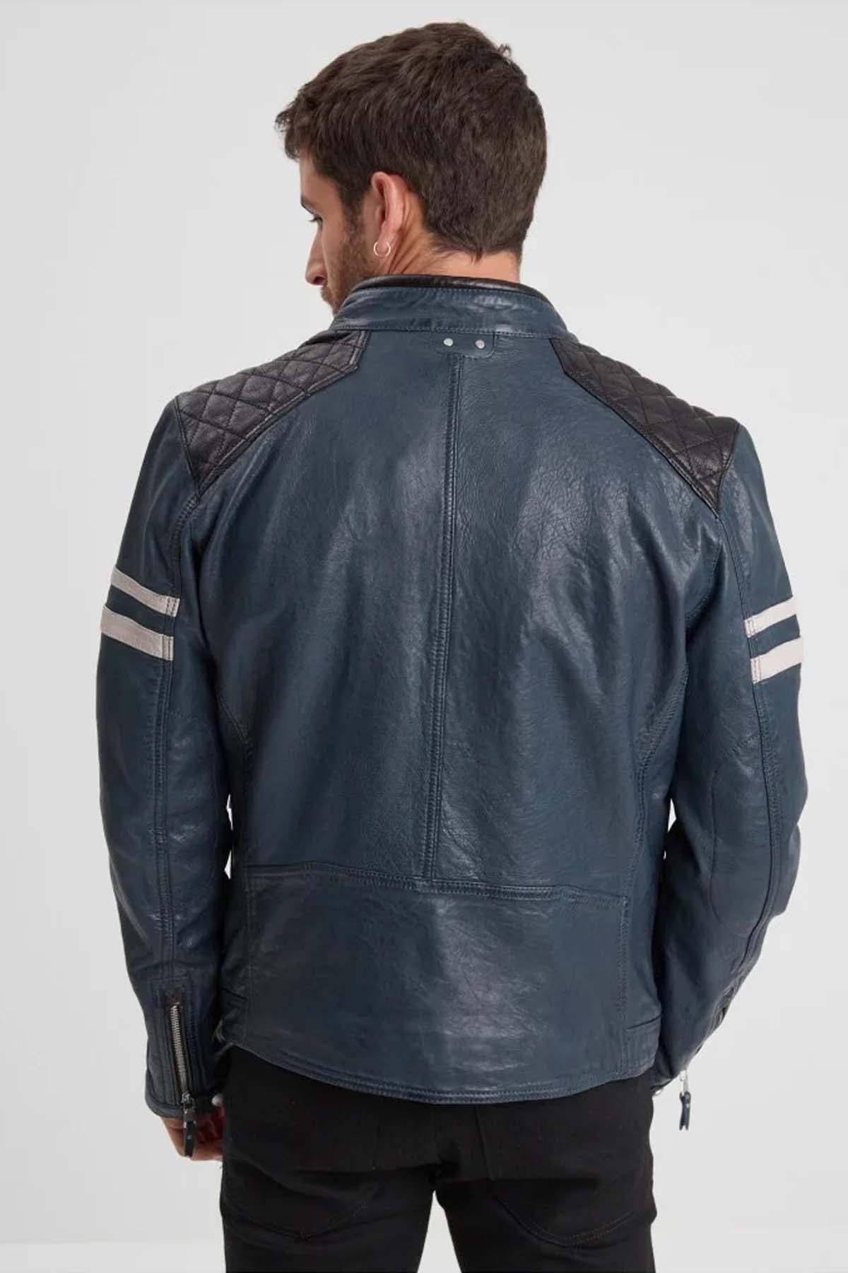 Deep blue lambskin jacket with detachable hood and moto collar. - Image n°5