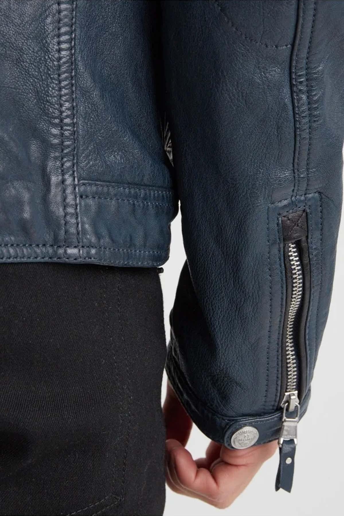 Deep blue lambskin jacket with detachable hood and moto collar. - Image n°6