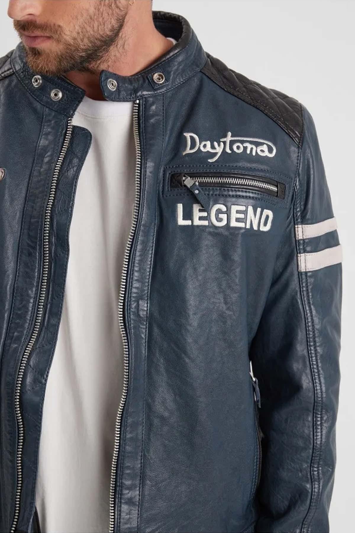Deep blue lambskin jacket with detachable hood and moto collar. - Image n°7