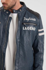 Deep blue lambskin jacket with detachable hood and moto collar. - Image n°7