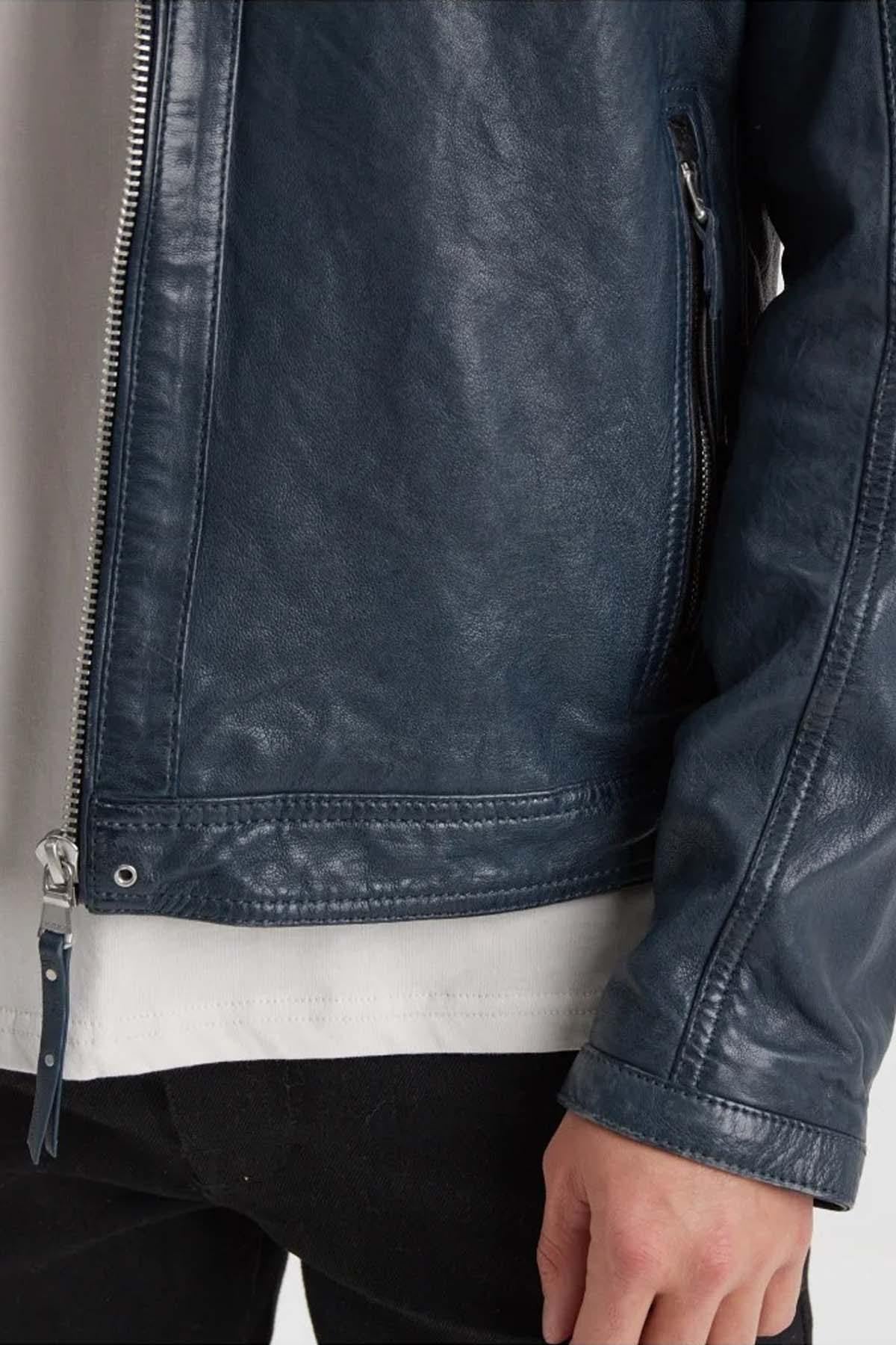 Deep blue lambskin jacket with detachable hood and moto collar. - Image n°8