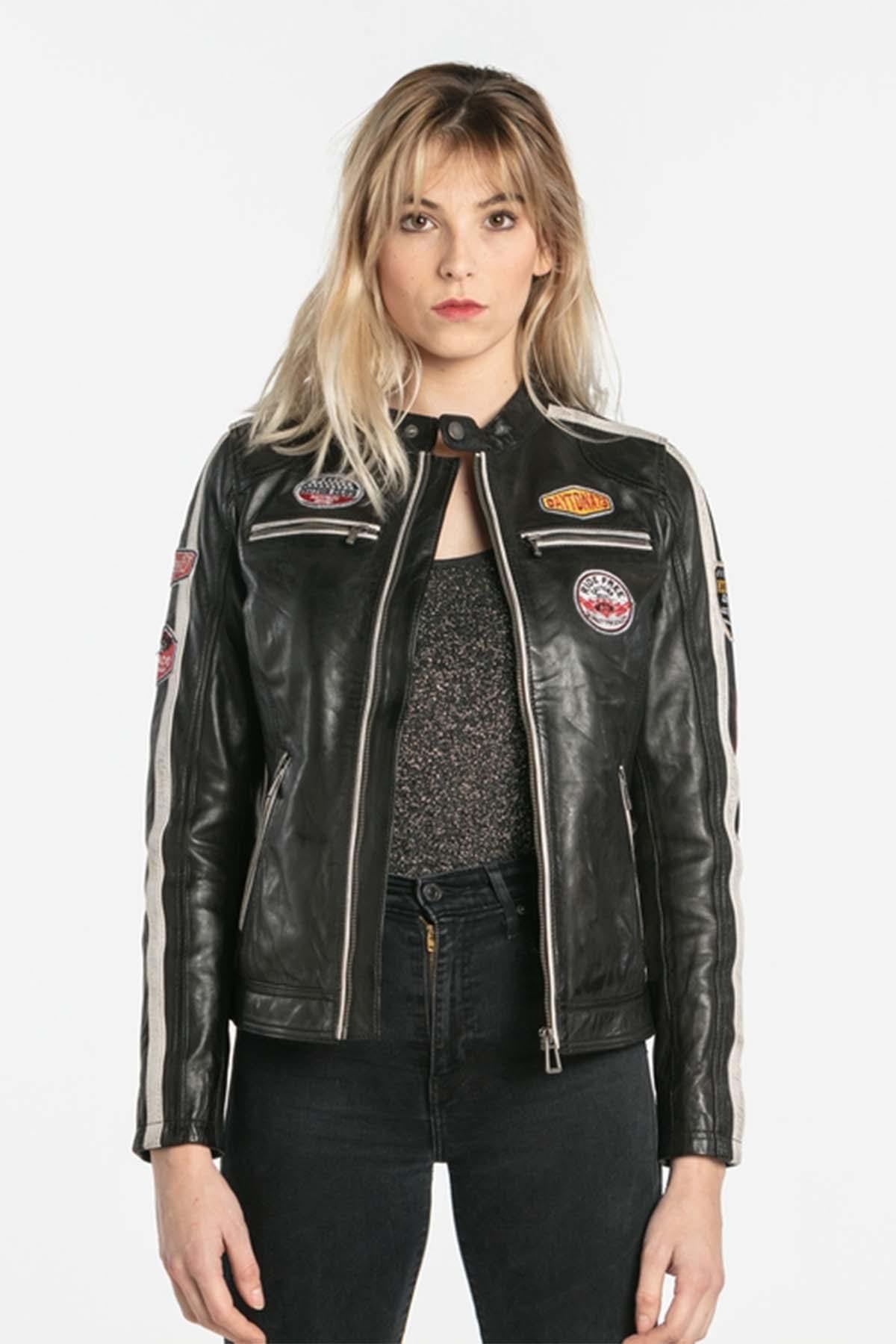 Black lambskin jacket with a glossy finish and slim moto cut. - Image n°3