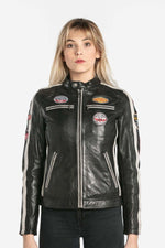 Black lambskin jacket with a glossy finish and slim moto cut. - Image n°1
