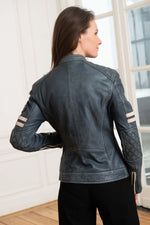 Women's navy blue leather jacket with biker collar - Image n°6
