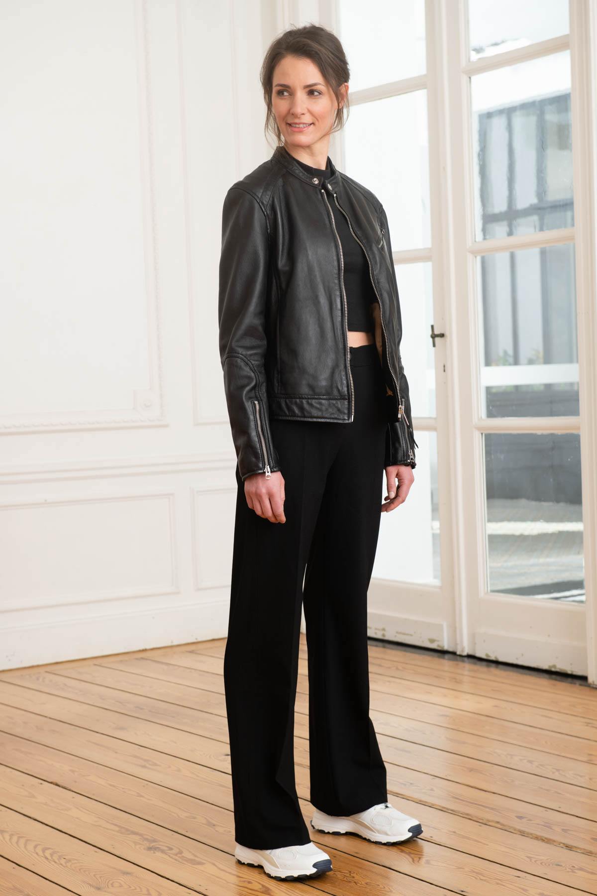 Women’s black leather jacket with biker collar - Image n°1