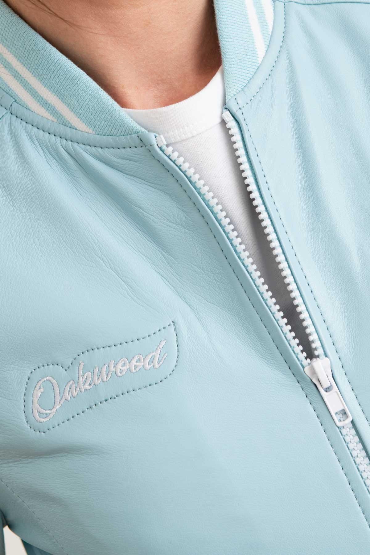 Slim-fit lambskin jacket in sky blue. Striped cuffs for a sporty edge. - Image n°6