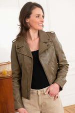 Schott's khaki lambskin Perfecto-slim, matte, and timeless for her. - Image n°1