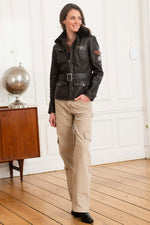 Women's navy blue leather jacket with fur collar - Image n°9