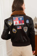 Slim maroon goatskin bomber with 17 patches and a detachable collar. - Image n°8
