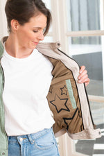 Women's blue/jade green leather jacket with biker collar - Image n°4