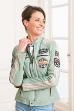 Women's blue/jade green leather jacket with biker collar - Image n°1