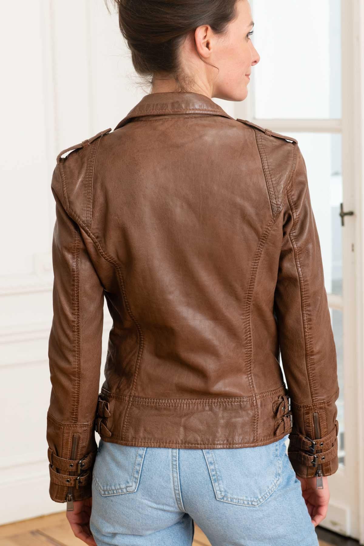 Vintage taupe sheepskin jacket with adjustable straps and regular fit. - Image n°5