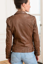 Vintage taupe sheepskin jacket with adjustable straps and regular fit. - Image n°5