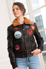 Top Gun maroon goatskin jacket: 17 patches, removable faux-fur collar. - Image n°1