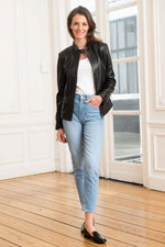 Black lambskin jacket with a biker collar and a regular fit. - Image n°2