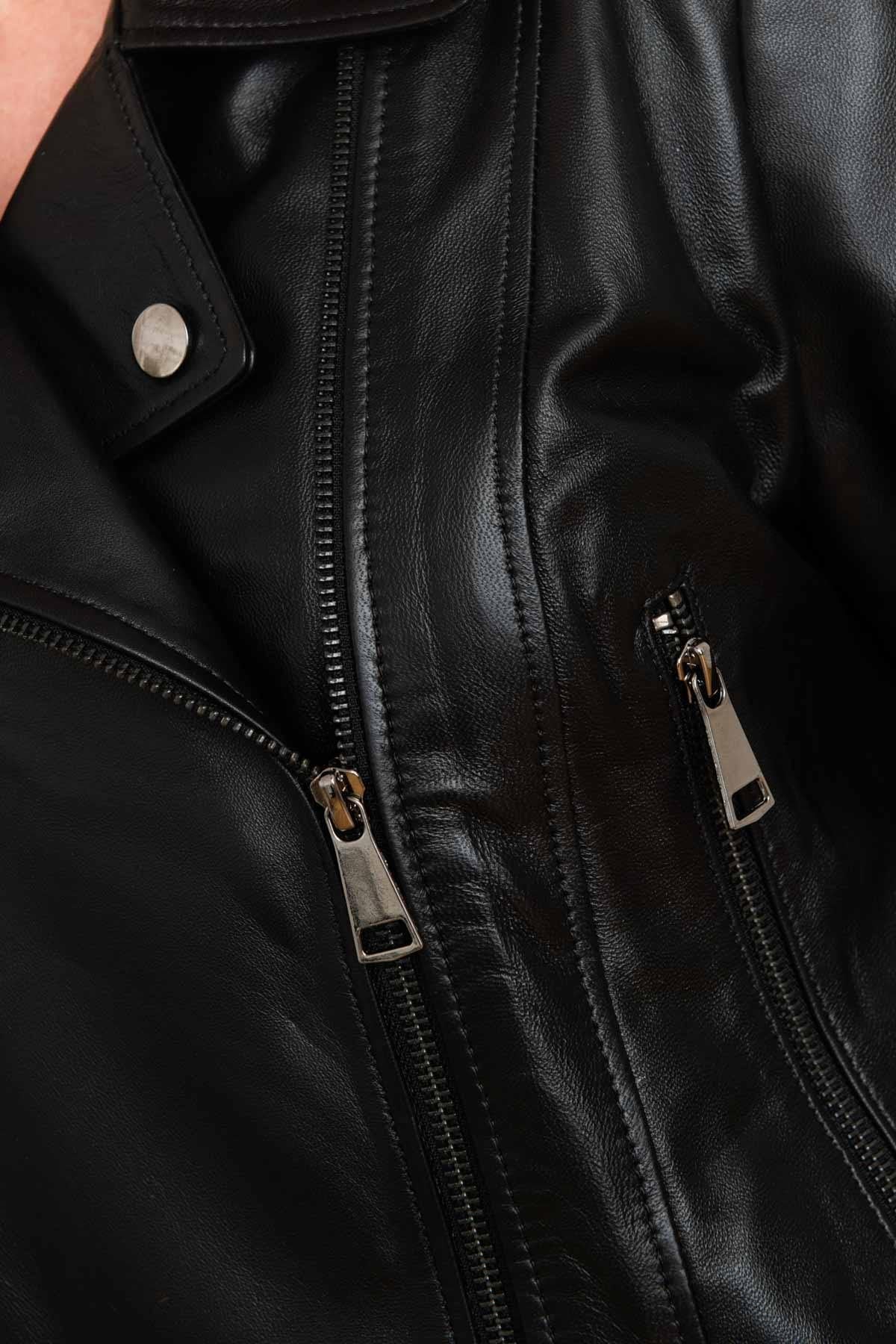 Women's black leather jacket with Biker Jacket collar - Image n°7