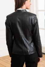 Rock-inspired navy lambskin jacket with moto collar and straight cut. - Image n°6