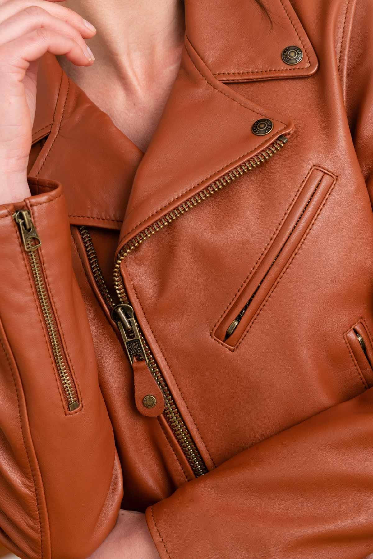 Schott's LCW1601D Cognac: lambskin Perfecto, slim-fit and timeless. - Image n°6