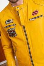 Yellow patched biker collar leather jacket - Image n°3