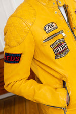 Yellow patched biker collar leather jacket - Image n°4