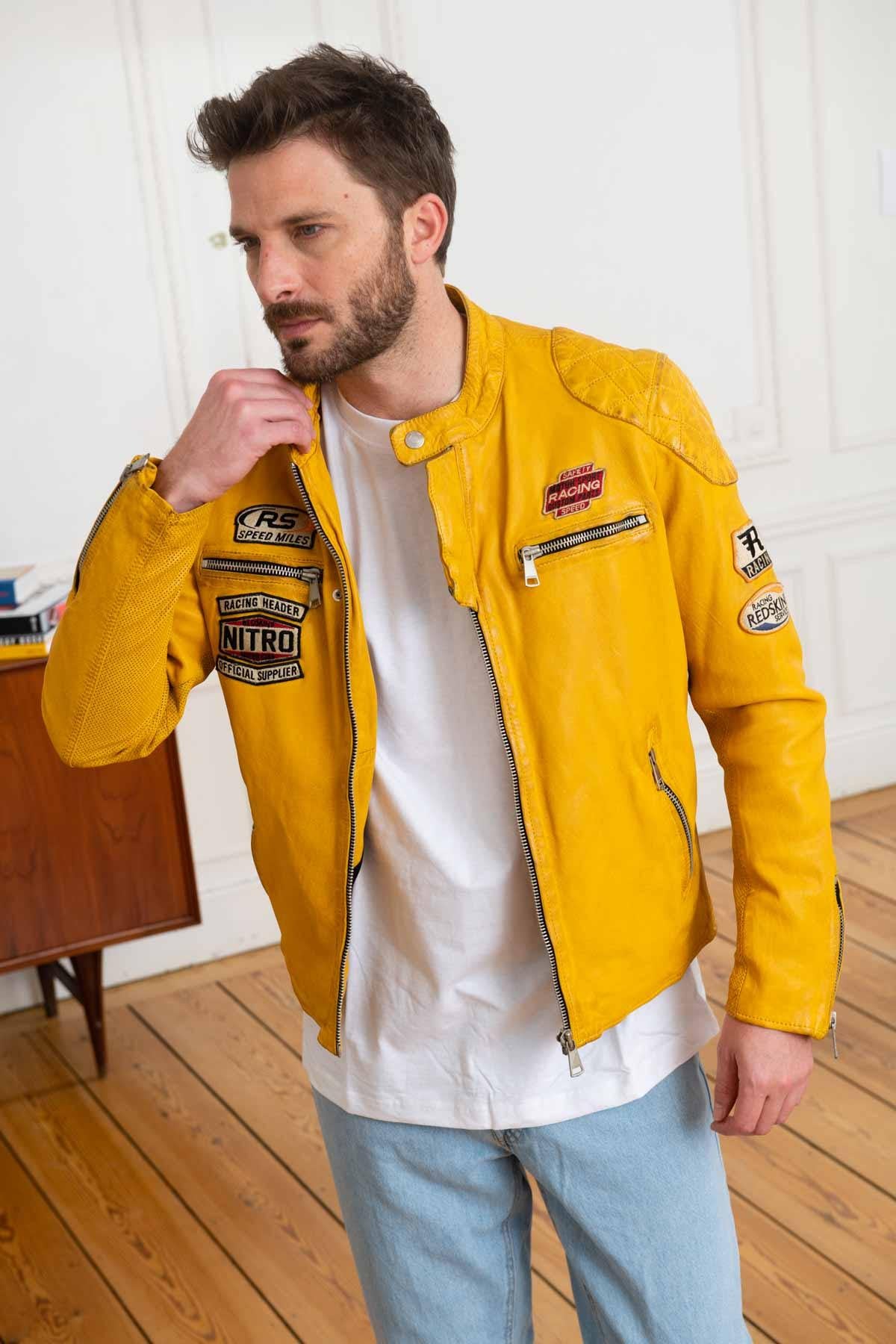 Yellow patched biker collar leather jacket - Image n°8