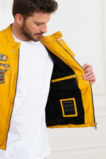 Yellow patched biker collar leather jacket - Image n°7