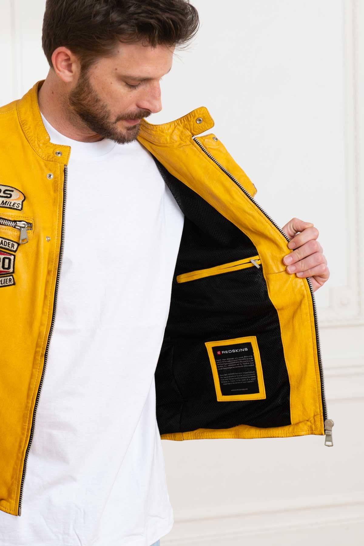 Yellow patched biker collar leather jacket - Image n°7