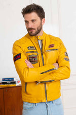 Yellow patched biker collar leather jacket - Image n°1