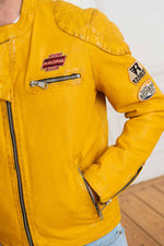 Yellow patched biker collar leather jacket - Image n°5
