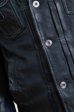 Navy blue leather jacket with shirt collar - Image n°7