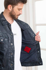 Navy blue leather jacket with shirt collar - Image n°3