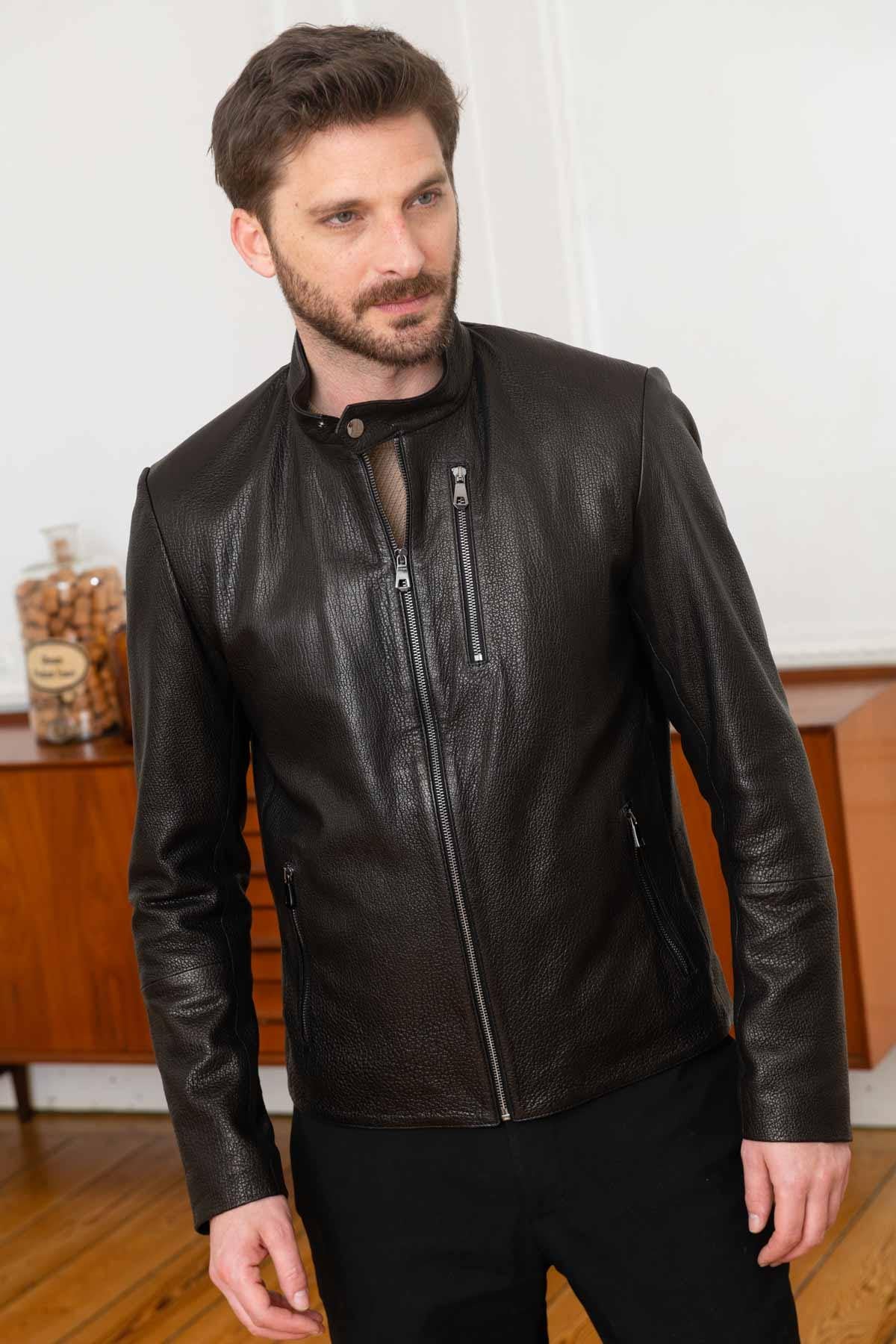 Black lambskin jacket, moto collar, regular fit-ideal for any season. - Image n°3