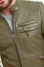 A khaki sheepskin jacket with a biker collar, perfect for any season. - Image n°7
