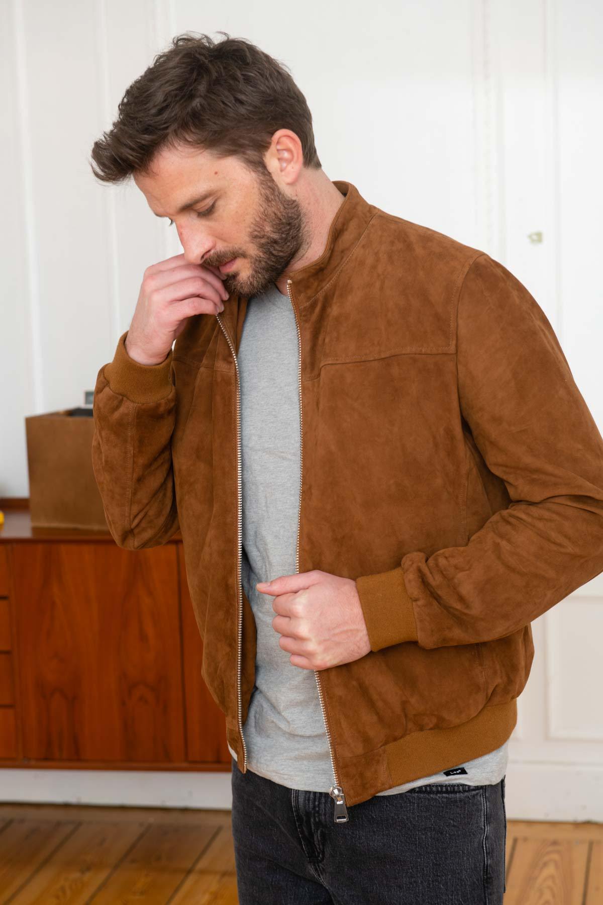 Velvety cognac goatskin bomber, slim fit with ribbed trims. - Image n°1